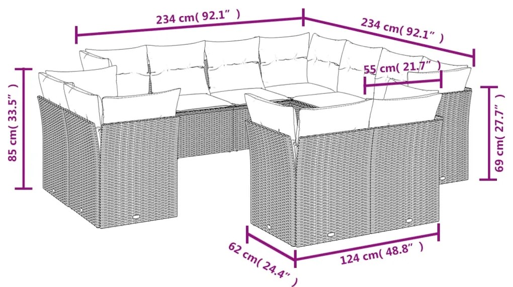 Set divani da giardino 11 pz con cuscini in polyrattan nero