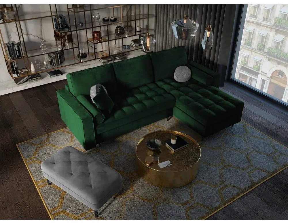 Divano letto angolare in velluto verde, angolo destro Santo - Milo Casa