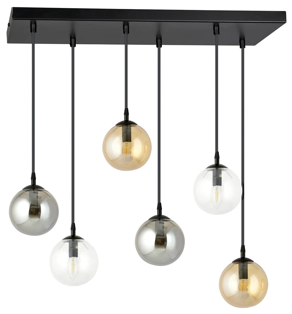 Sospensione Moderna 6 Luci Kali In Acciaio Nero E Sfere In Vetro Multicolor