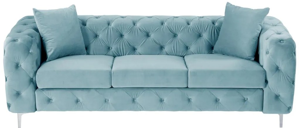 Divano 3 posti Chesterfield in velluto azzurro pastello - EDWINA