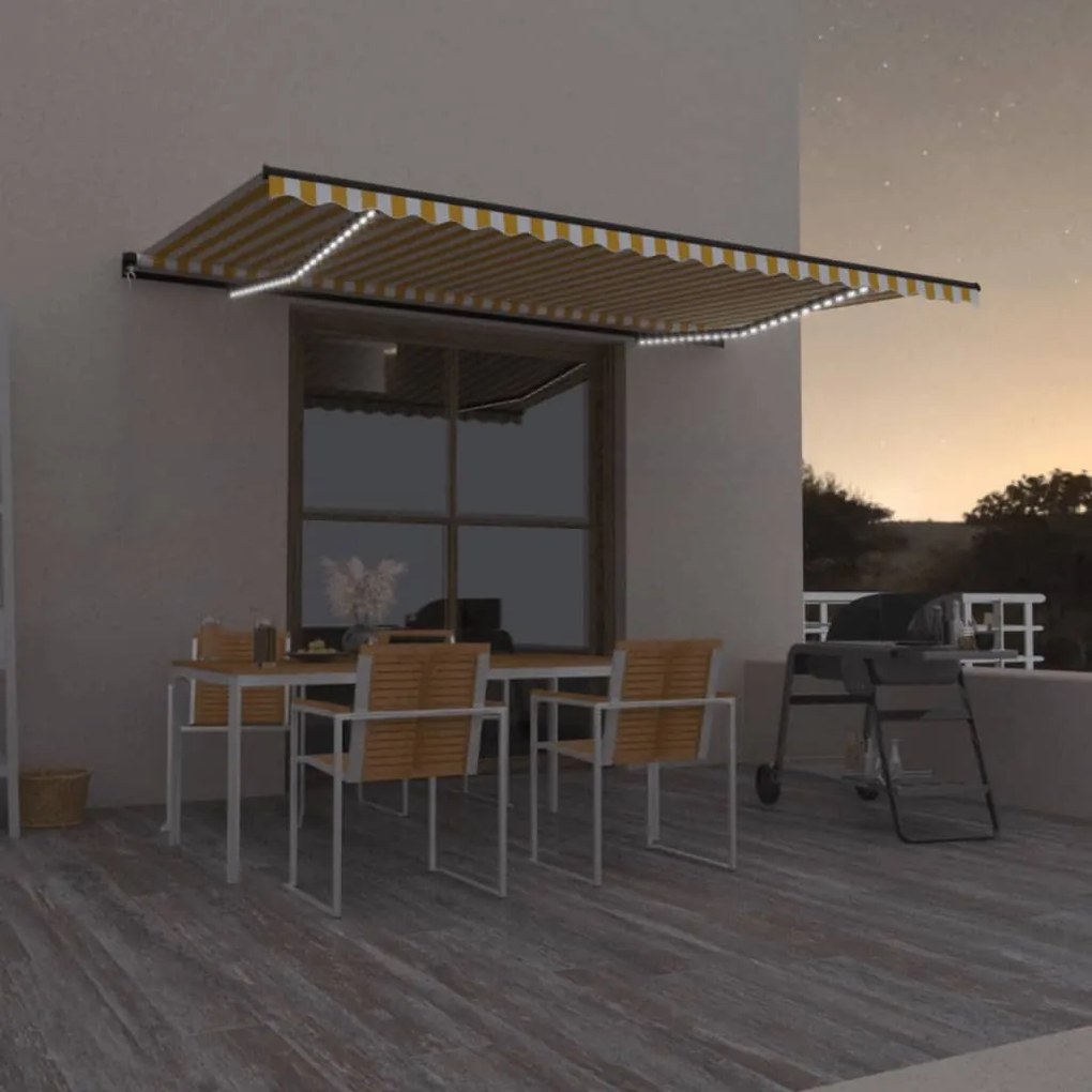 Tenda Da Sole Retrattile Manuale Led 350x350 Cm Gialla E Bianca /