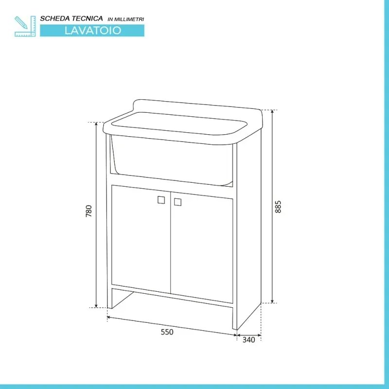 Mobile lavatoio salvaspazio 55x34 cm vasca completa di kit di scarico