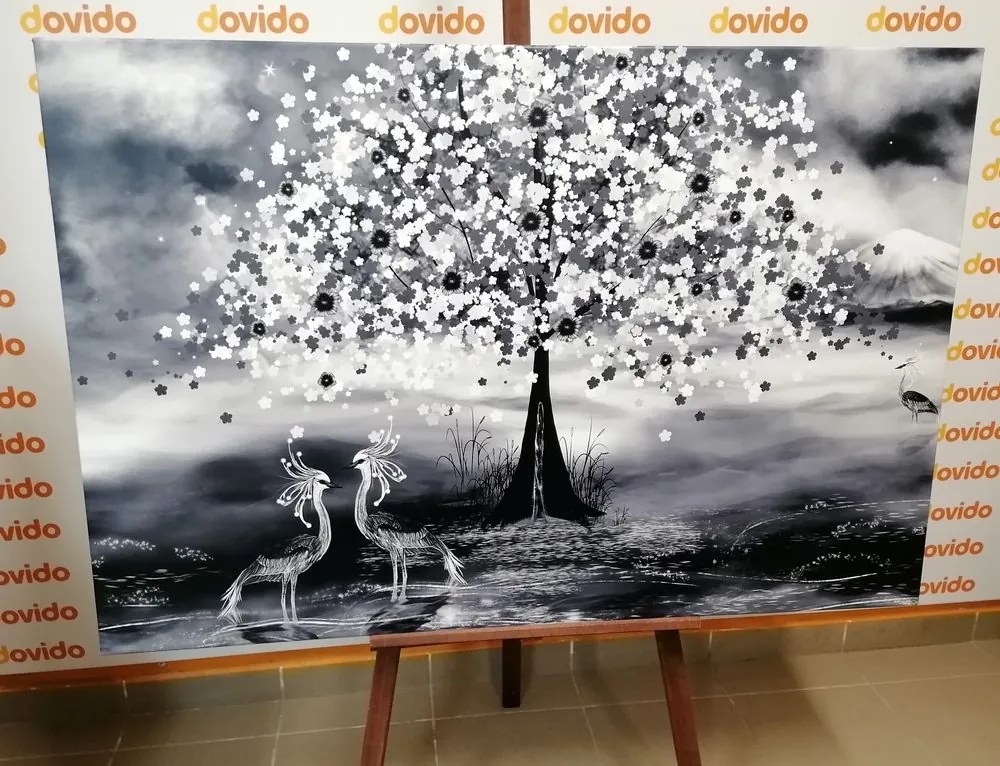 Quadro su tela – Aironi sotto un albero magico in bianco e nero