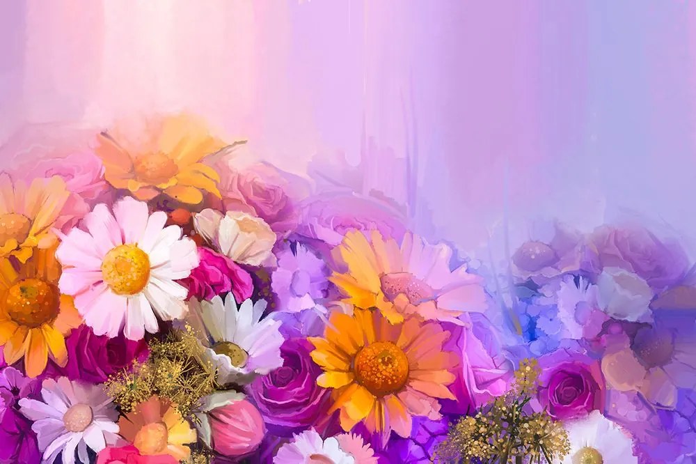 Carta da parati – Pittura a olio di fiori colorati