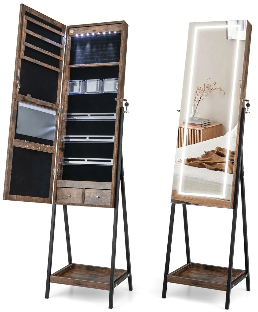Costway Armadio portagioie autoportante con specchio LED e specchio intero bloccabile, Armadio portagioie di grande capacità 2 Colori