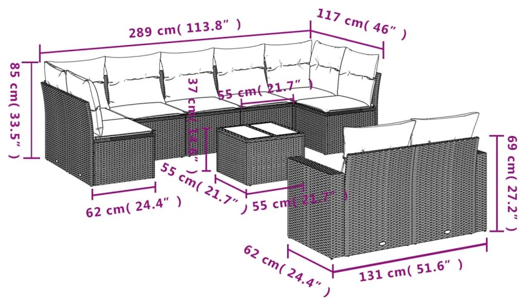 Set Divani da Giardino 10pz con Cuscini in Polyrattan Nero