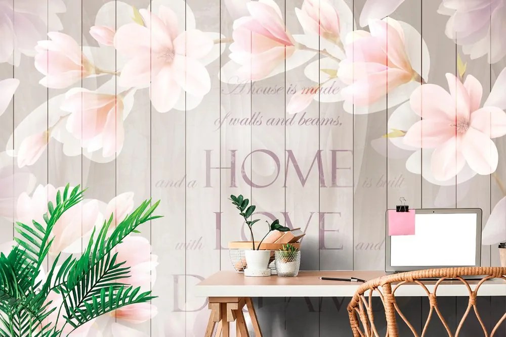 Carta da parati autoadesiva – Magnolia vintage con scritta