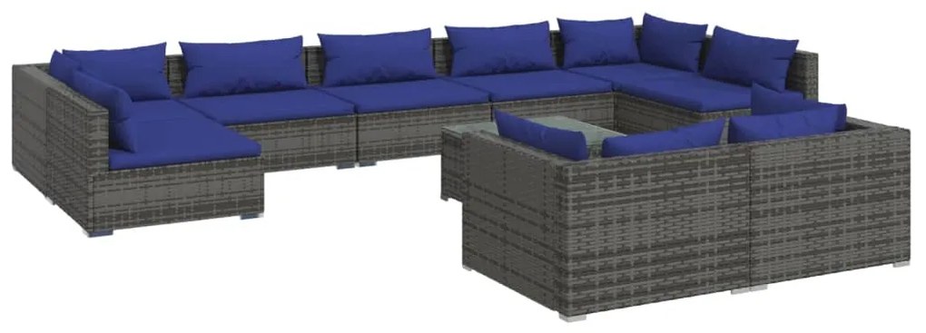 Set Divani da Giardino 10 pz con Cuscini in Polyrattan Grigio