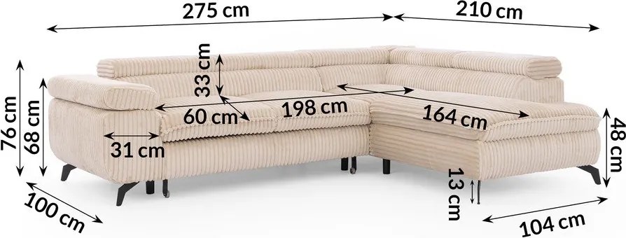 Divano angolare beige (con penisola a destra/a L) con rivestimento in velluto a coste Marbeya – Ropez