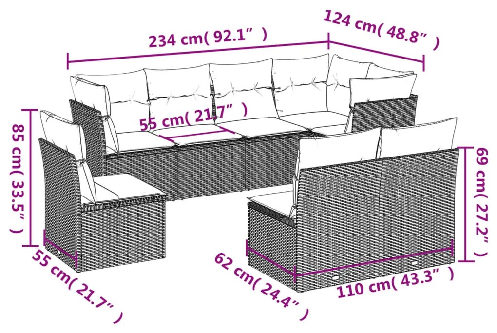 Set Divani da Giardino con Cuscini 8 pz Nero in Polyrattan