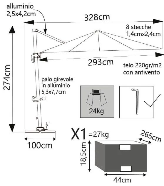 BACTRUS - ombrellone da giardino decentrato 3 x 4 m