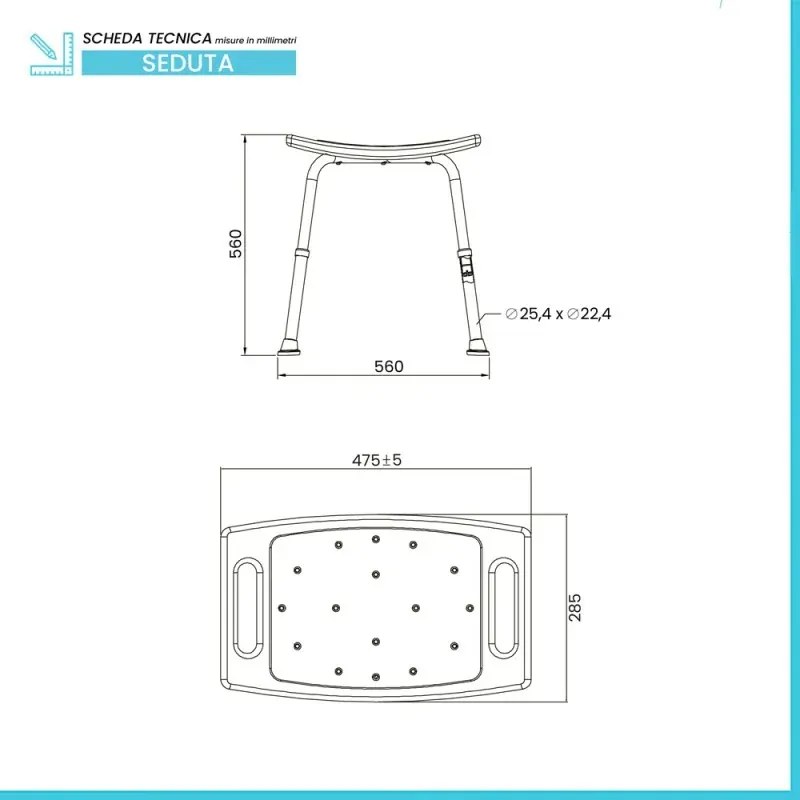 Sgabello doccia antiscivolo altezza regolabile 34-51 cm portata max 100 kg