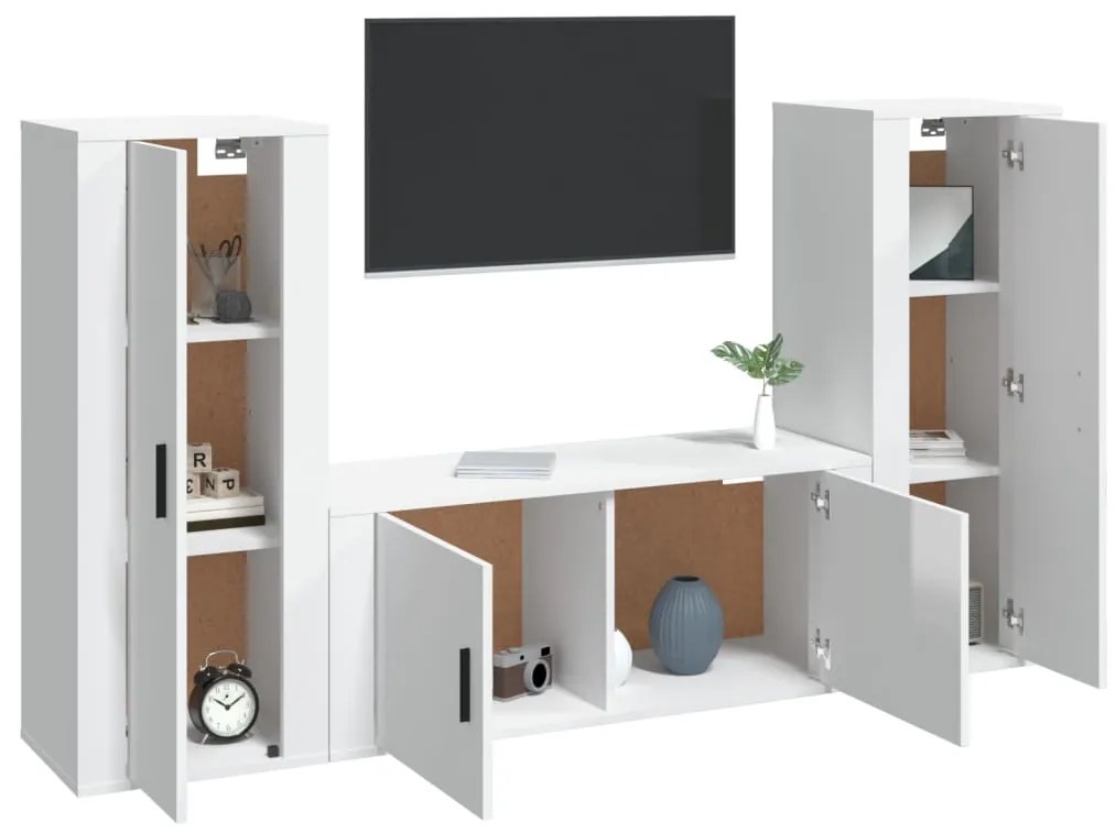 Set mobili porta tv 3 pz bianco lucido in legno multistrato