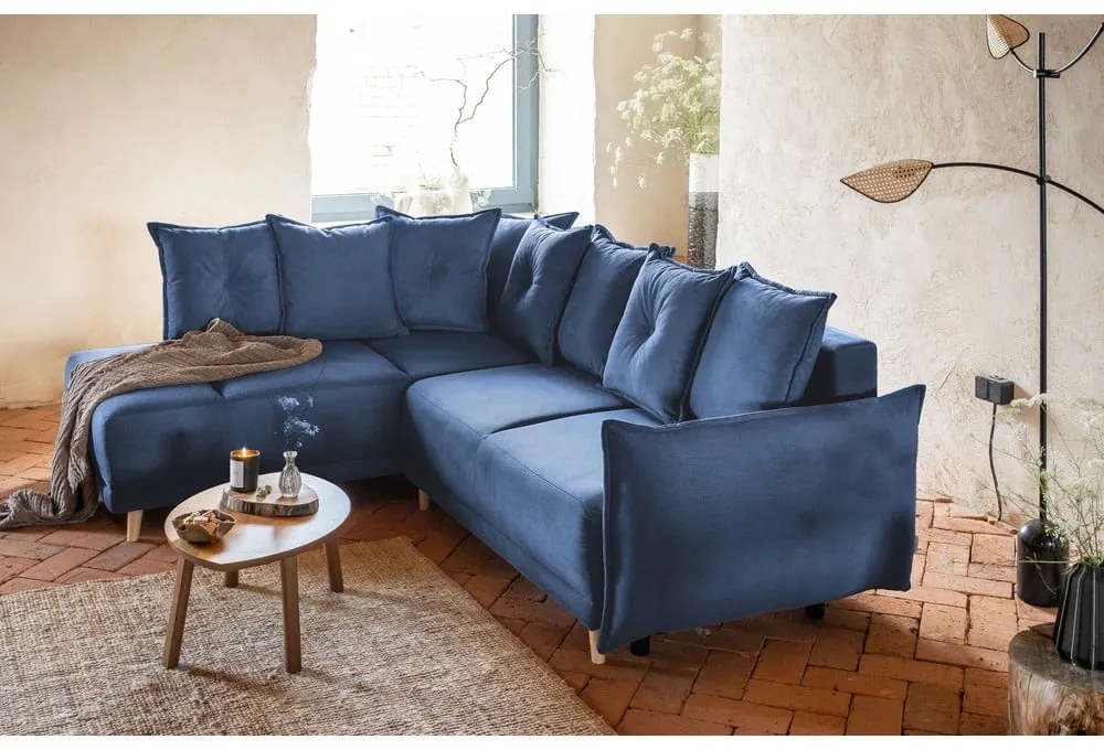 Divano letto angolare in velluto a coste blu scuro (angolo sinistro) Lazy Lukka - Miuform