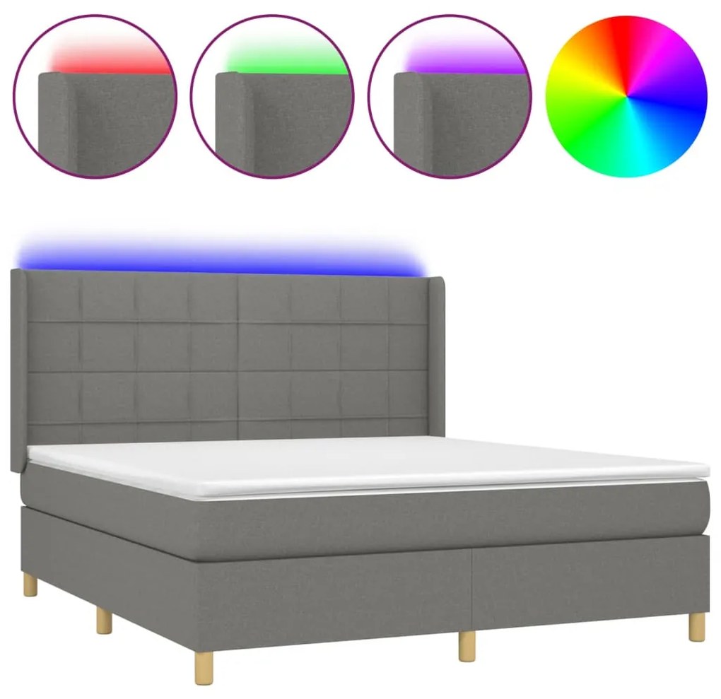 Letto a Molle Materasso e LED Grigio Scuro 160x200cm in Tessuto