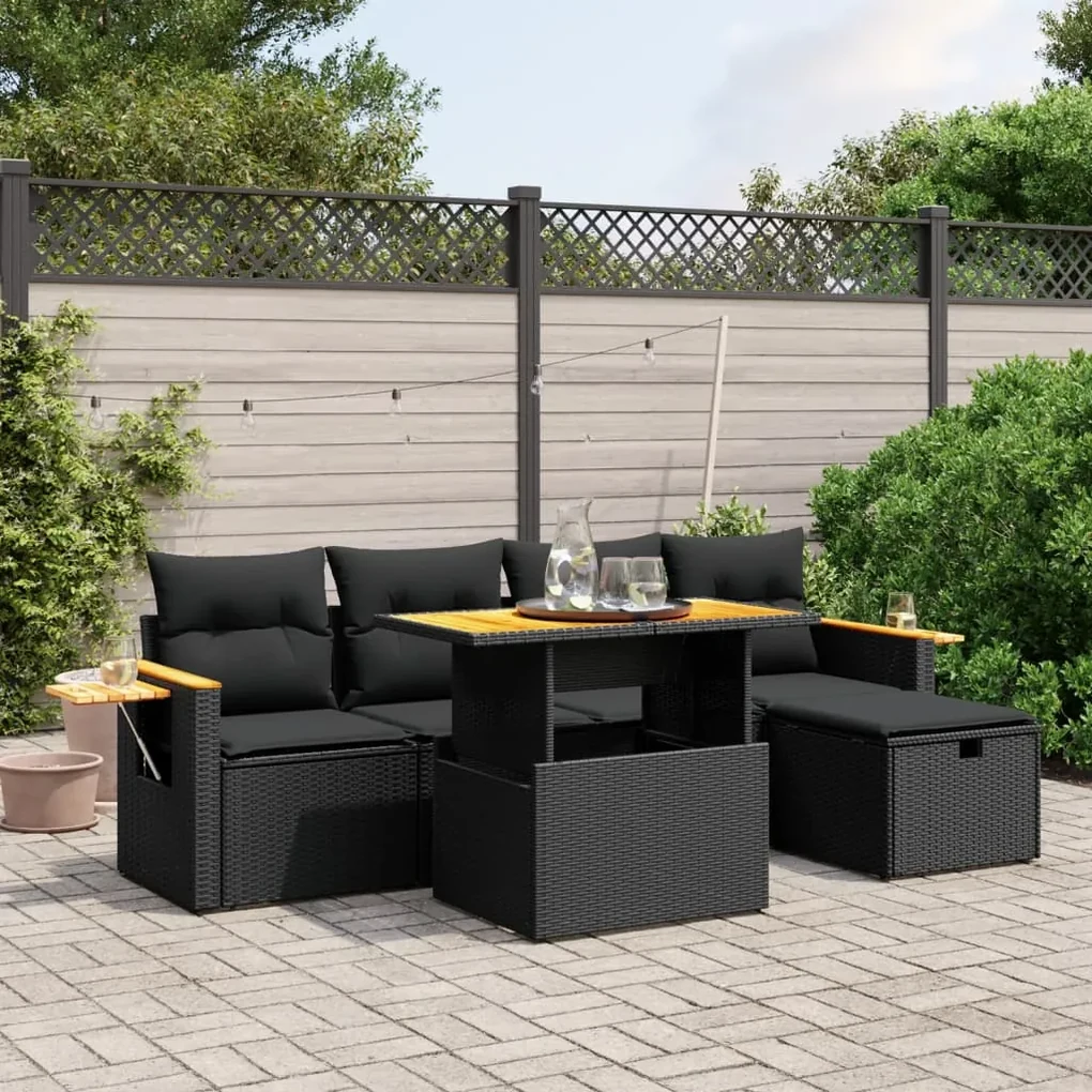 Set divano da giardino 6 pz con cuscini nero in polyrattan