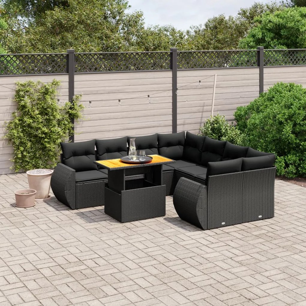 Set divani da giardino 9 pz con cuscini nero in polyrattan