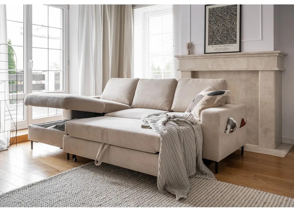 Divano letto in velluto a coste beige (angolo sinistro) Lofty Lilly - Miuform