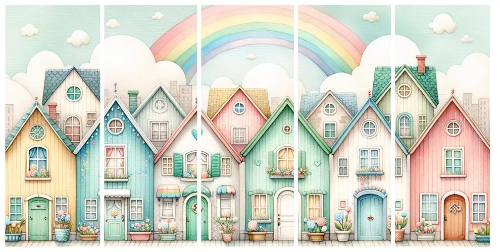 Quadri 5 pezzi – Vicolo colorato sotto il cielo arcobaleno