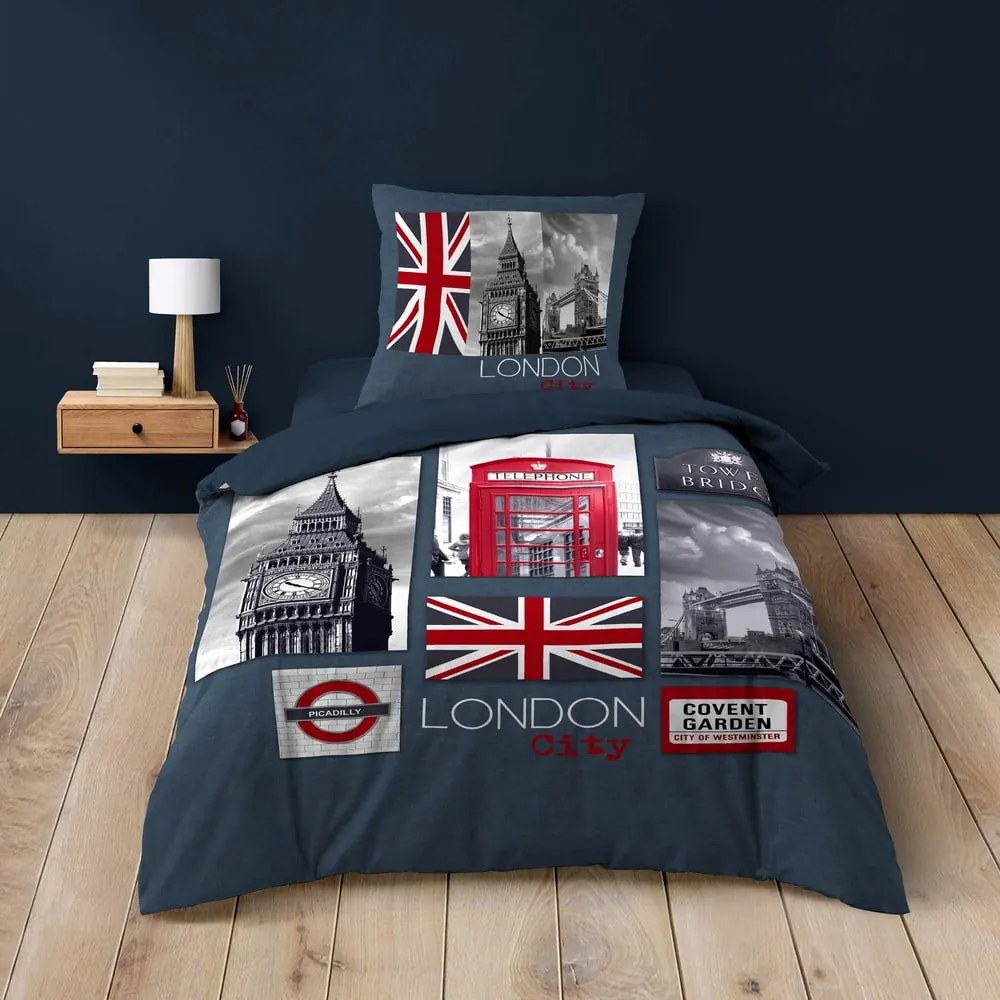 Set copripiumino e federa blu scuro in cotone per letto singolo 140x200 cm City London – douceur d'intérieur