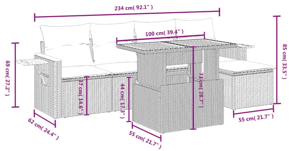 Set divano da giardino 6 pz con cuscini nero in polyrattan