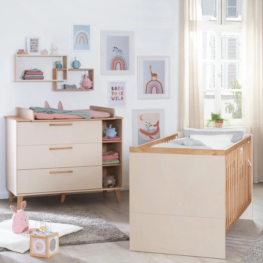 Cassettiera per bambini color crema/di colore naturale con effetto rovere con fasciatoio 117x103x78 cm Jil – Roba