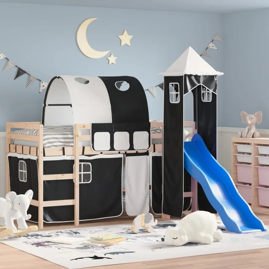 Letto A Soppalco Con Torre Bambini Bianco E Nero 80x200cm Pino /