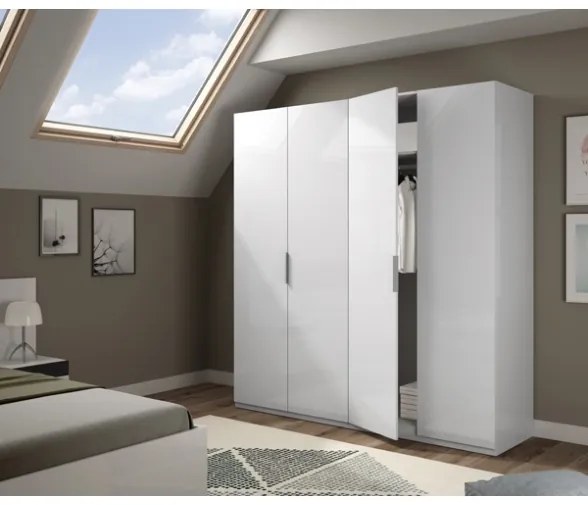 Armadio Guardaroba 4 Ante 180x52x200 Con Barre Appendiabiti MAX Bianco Lucido