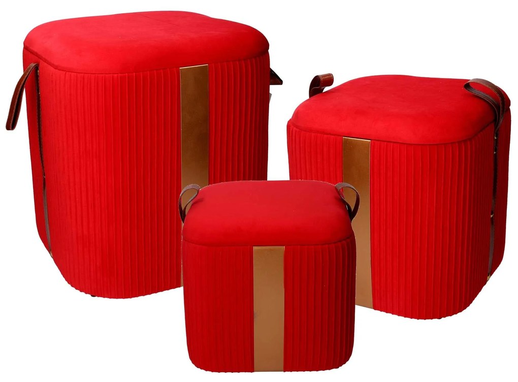 Set 3 Pouf Contenitore in Tessuto Velluto Rosso