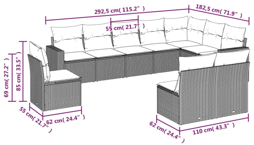 Set Divani da Giardino 10pz con Cuscini in Polyrattan Nero