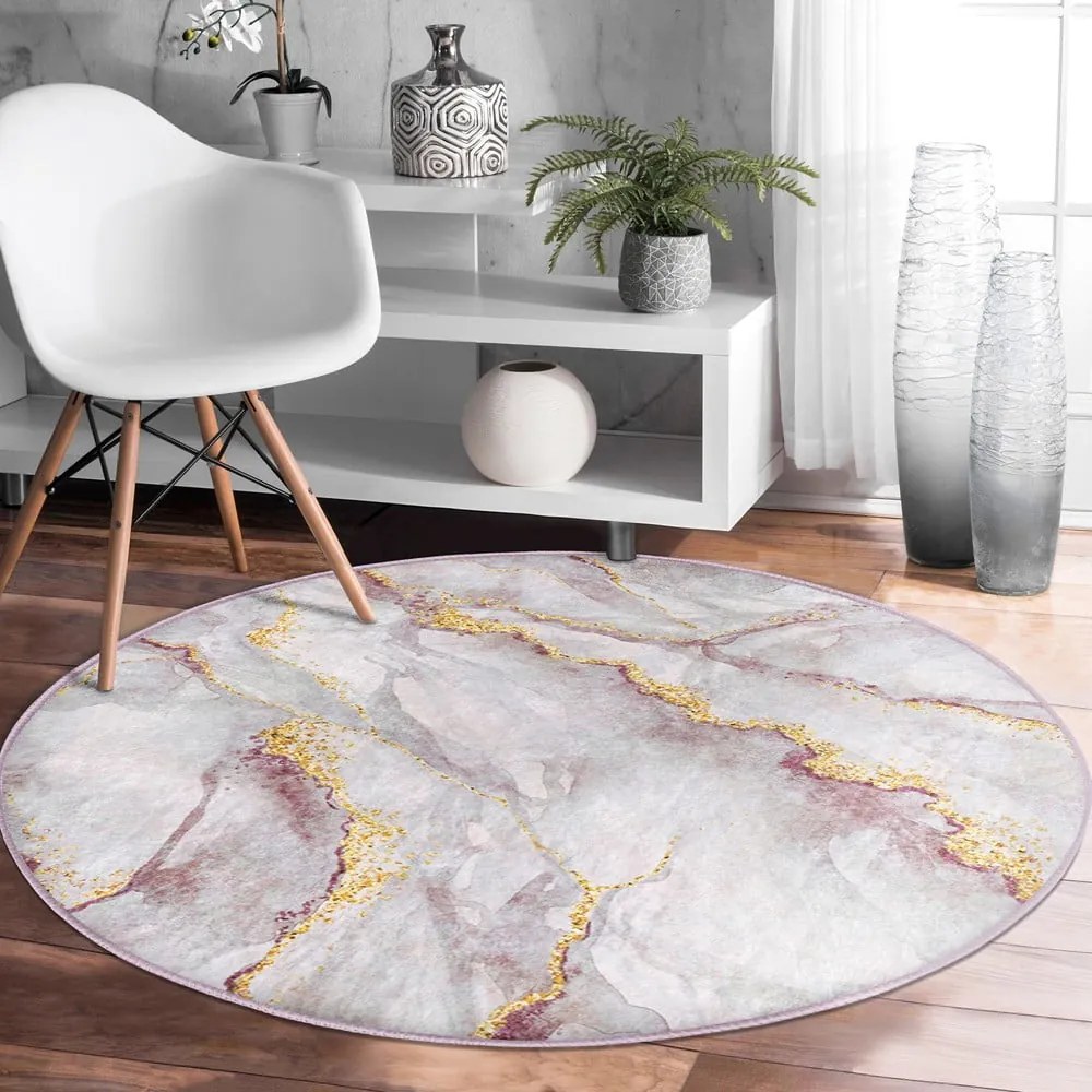 Tappeto rotondo rosa chiaro/dorato lavabile ø 80 cm Marble – Mila Home