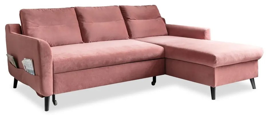 Divano letto angolare in velluto rosa, angolo destro Stylish Stan - Miuform