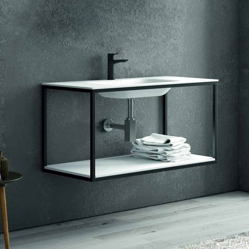 Composizione bagno metallica nera 100cm con lavabo e ripiano solid surface, specchio nero NICO-100N - KAMALU