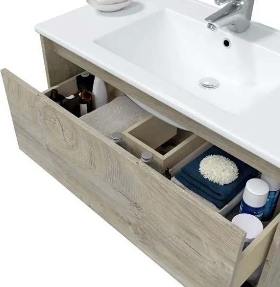 Mobile Bagno Sospeso 80 cm Con Lavabo Specchio Vano Giorno E Cassettone Rovere Alaska VAN