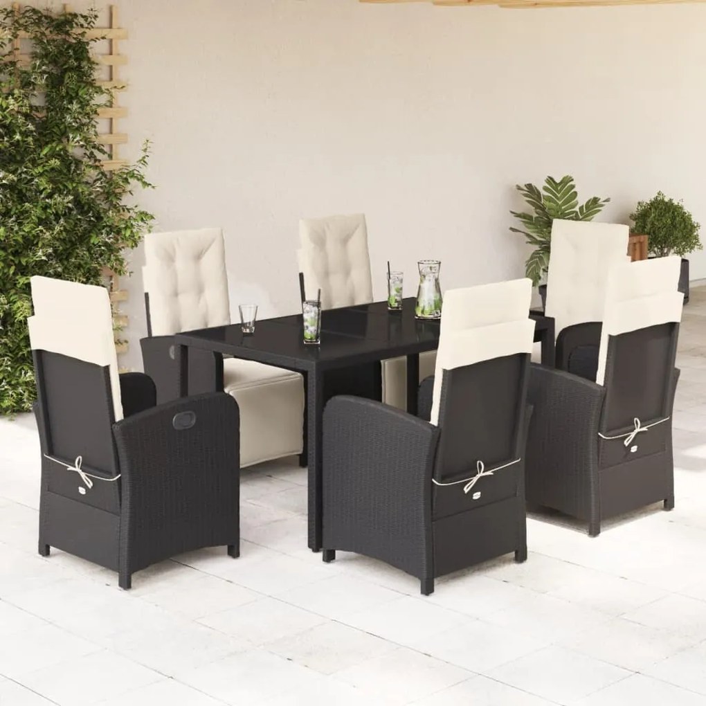 Set da pranzo da giardino 7 pz nero con cuscini in polyrattan