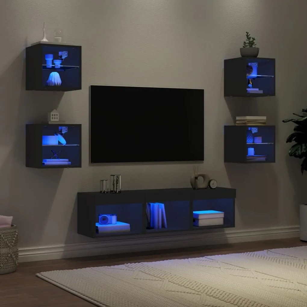 Mobili Tv A Muro Con Led 7pz Neri İn Legno Multistrato /