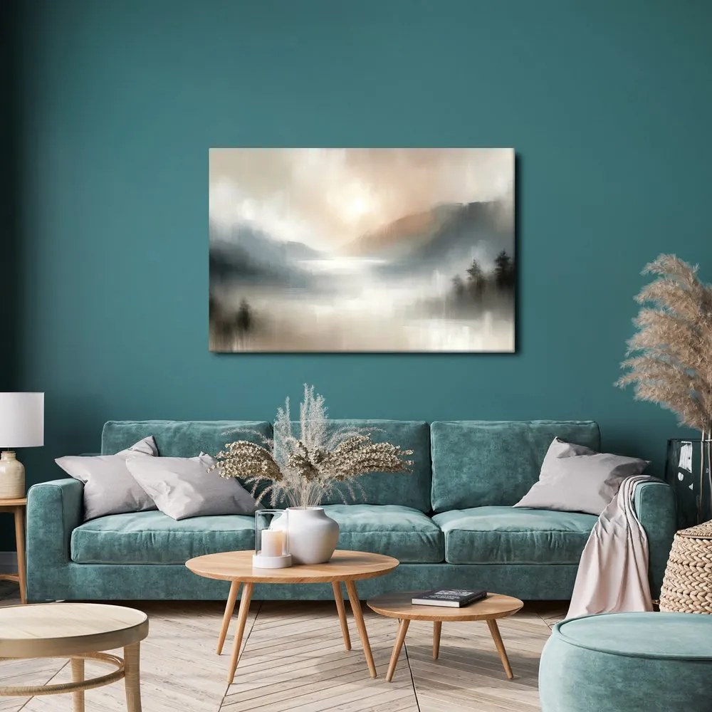 Quadro su tela – Montagne nebbiose e lago
