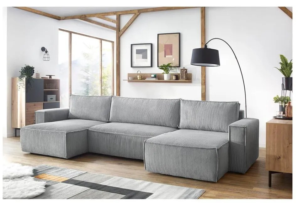 Divano letto angolare a "U" in velluto a coste grigio chiaro Nihad - Bobochic Paris