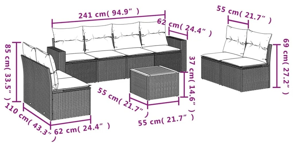 Set divano da giardino 9 pz con cuscini beige in polyrattan