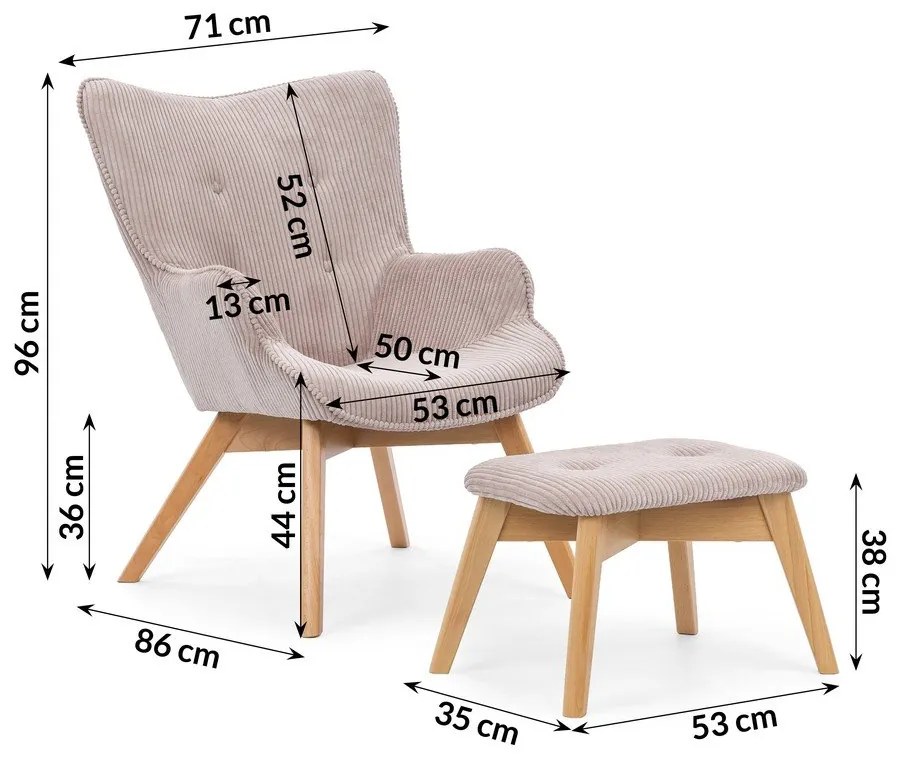 Poltrona con poggiapiedi rosa chiaro con rivestimento in velluto a coste Niko – Ropez