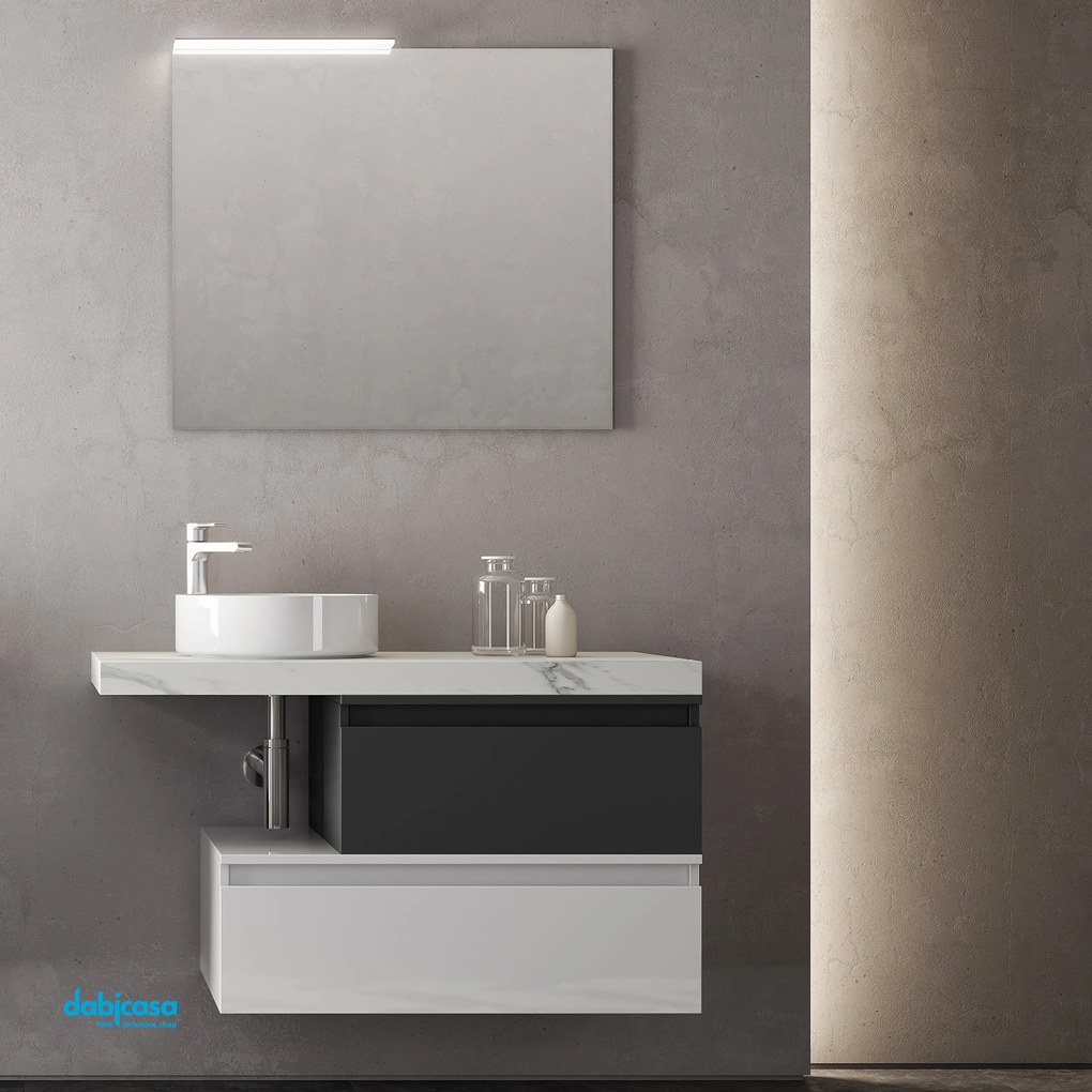 Mobile Bagno Sospeso Sfalsato "Ninfa" Da 100 cm Composto Da Un Top In Finitura Marmo Bianco Carrara e Due Basi Cassettoni Grafite Opaco/Bianco Lucido