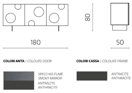 Madia con scocca Antracite 180 cm e 3 ante rivestite in specchio Fumč OHARA con 2 piedini