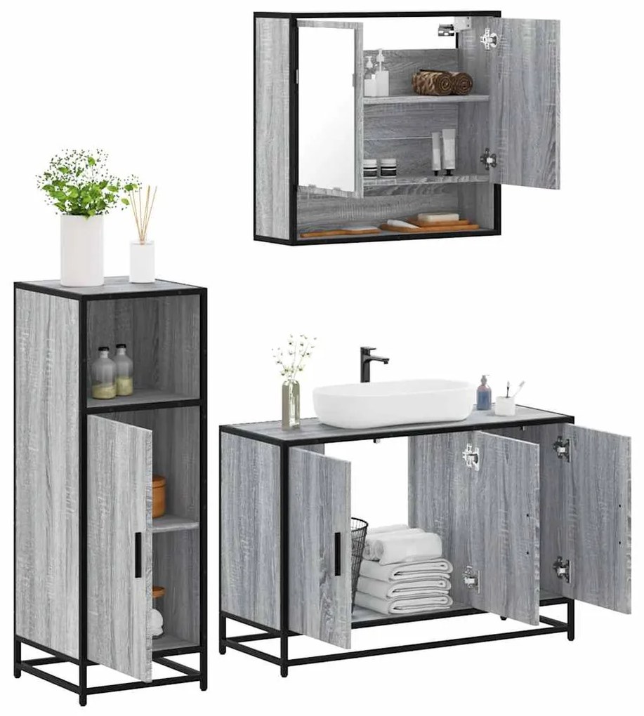 Set Mobili Da Bagno 3 Pz Grigio Sonoma İn Legno Multistrato /