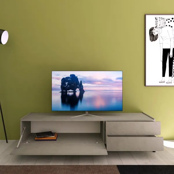 Porta TV in legno 160x40 cm con anta a ribalta e 2 cassetti Grigio HARAS