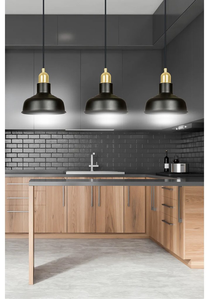 Lampadario Industrial 3 Luci Kubera In Acciaio Nero Con Elementi In Oro