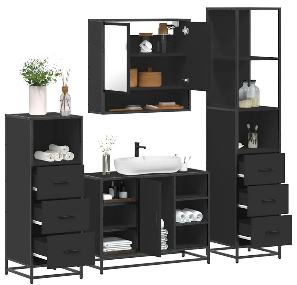 Set Mobili Da Bagno 4 Pz Nero İn Legno Multistrato /