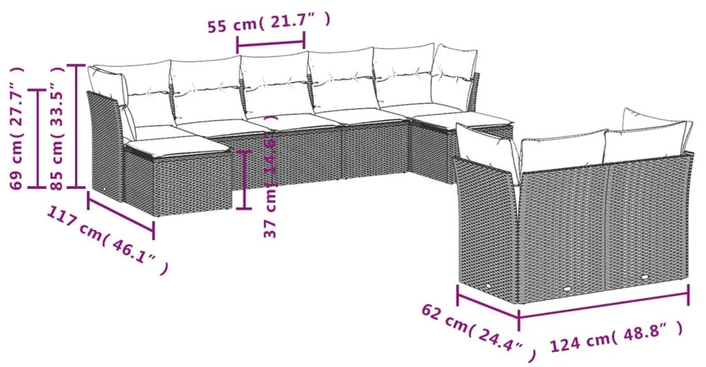 Set Divano da Giardino 9 pz con Cuscini Beige in Polyrattan