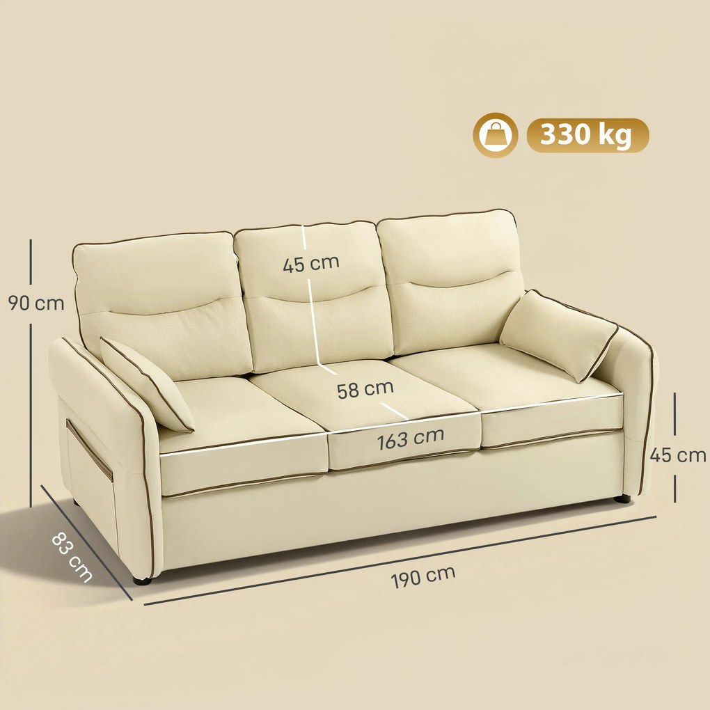 Divano 3 Posti 190x83x90 cm con Imbottitura Spessa Tasca Laterale e 2 Cuscini in Finta Pelle Beige...