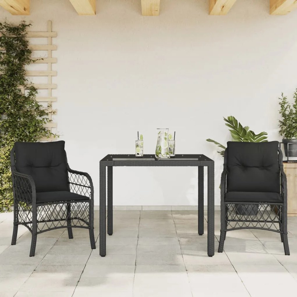 Set da bistrò 3 pz con cuscini nero in polyrattan