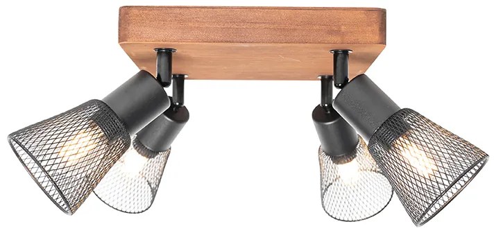 Faretto industriale nero con legno 4 luci - Kristina